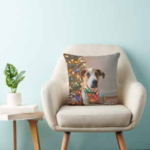 Dog Tangled In Holiday Lights Throw Pillow