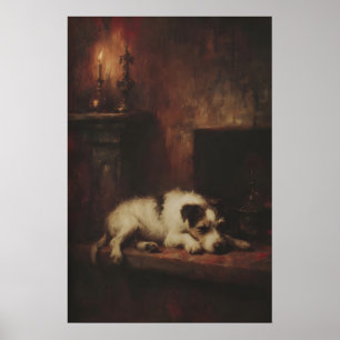 Dog Terrier Sleeping Near Fireplace, Cozy Gothic Poster