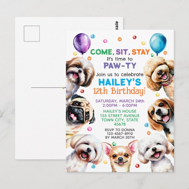 Dog Theme 12th Birthday Party Invitation Postcard (Front/Back)
