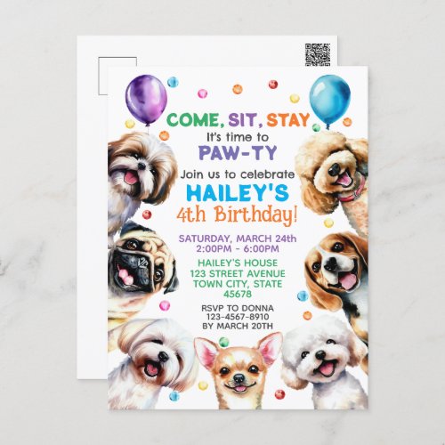 Dog Theme 4th Birthday Party Invitation Postcard