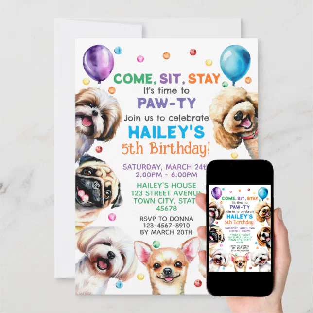 Dog Theme 5th Birthday Party Invitation | Zazzle