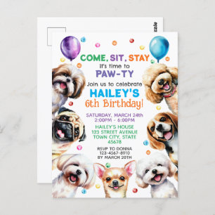 Dog Theme 6th Birthday Party Invitation Postcard