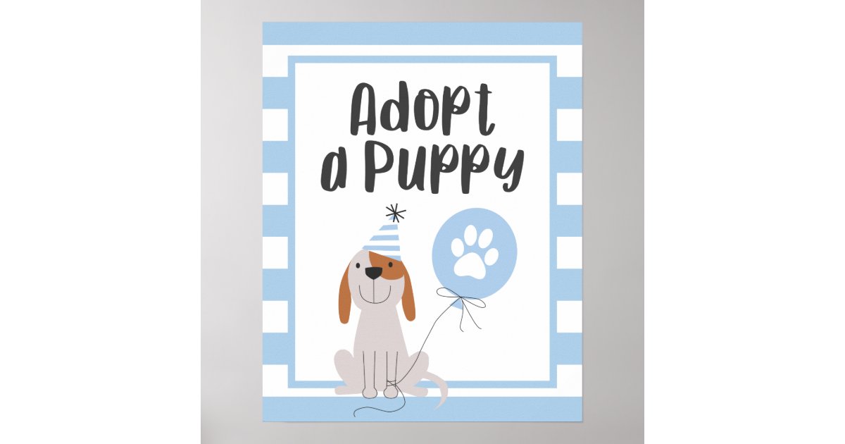 Dog Theme Birthday Party | Adopt A Puppy Sign Blue | Zazzle