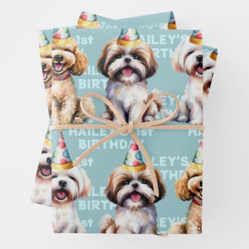 Dog Theme Birthday Party Blue Wrapping Paper Sheets