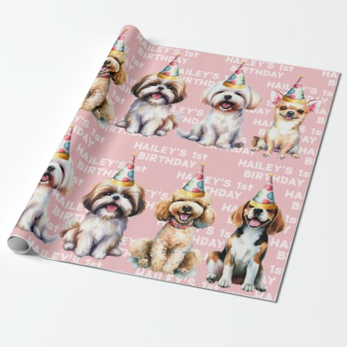 Dog Theme Birthday Party Pink Wrapping Paper