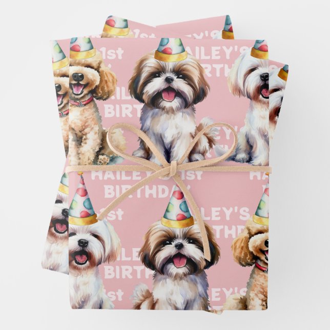 Dog Theme Birthday Party Pink Wrapping Paper Sheets (In situ)