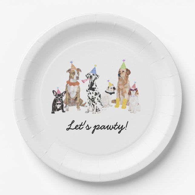 Dog Theme Let's Pawty Dog Birthday Party Paper Plates (Front)