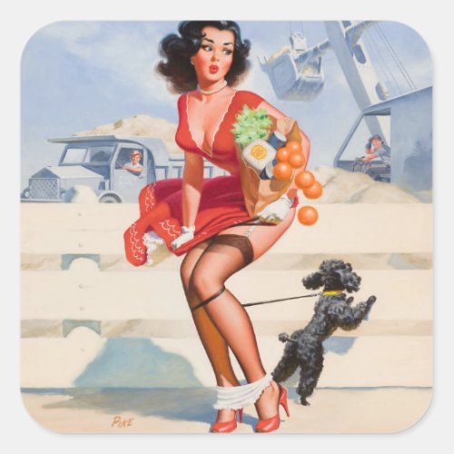 Dog Tied Pin Up Art Square Sticker