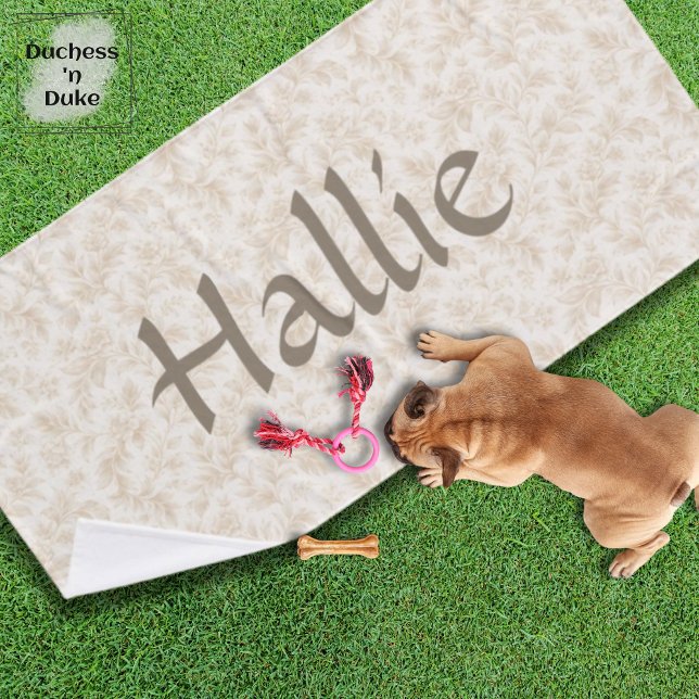 Dog Towel - Ivory Botanical, Personalized  (Personalized Dog Towel with ivory botanical design laying on green lawn and small puppy with toys)