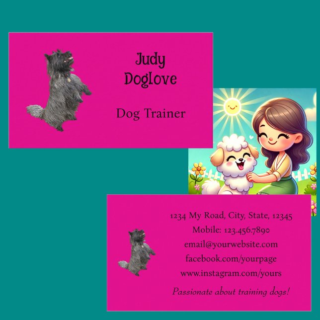 Dog Trainer Bright Hot Girly Pink Minimal Photo Business Card (Front & Back with Background)