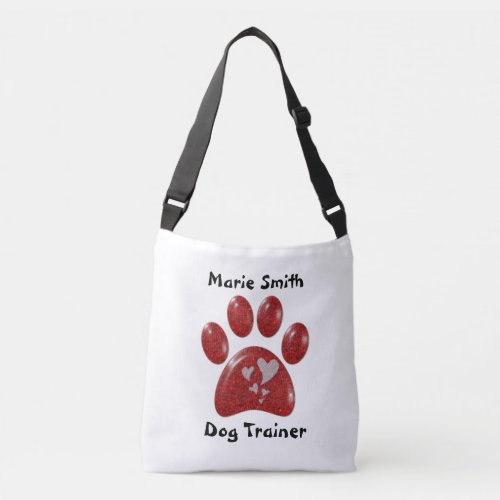 Dog Trainer Red Paw Print White Hearts Paw Pattern Crossbody Bag