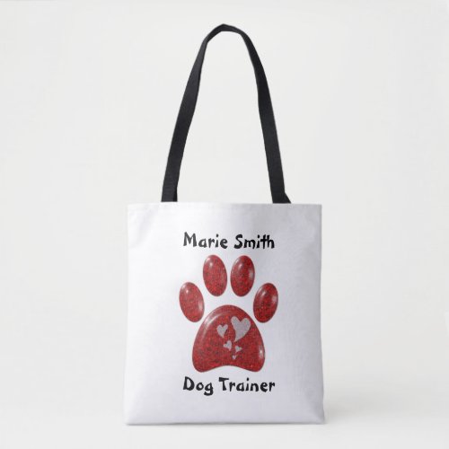 Dog Trainer Red Paw Print White Hearts Paw Pattern Tote Bag