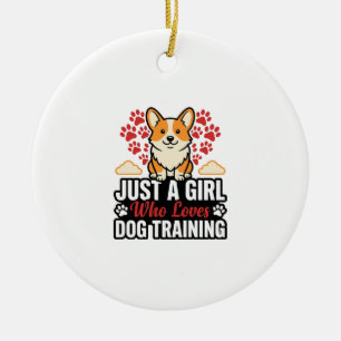 Dog Training Girl Corgi Vintage Vector Shirt Desig Ceramic Ornament