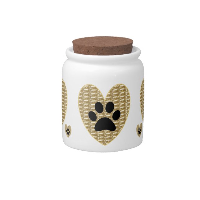 Dog Treat Jar Gold Ribbed Black Paw (Front)