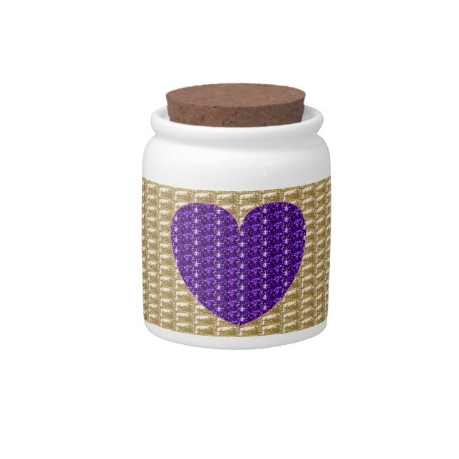 Dog Treat Jar Gold Ribbed Purple Heart Glitter (Front)