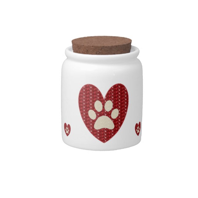 Dog Treat Jar Paws Heart Red White Glitter (Front)
