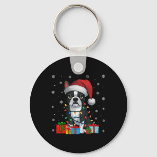 Dog Ugly Xmas Lights Santa Hat Boston Terrier Chri Keychain