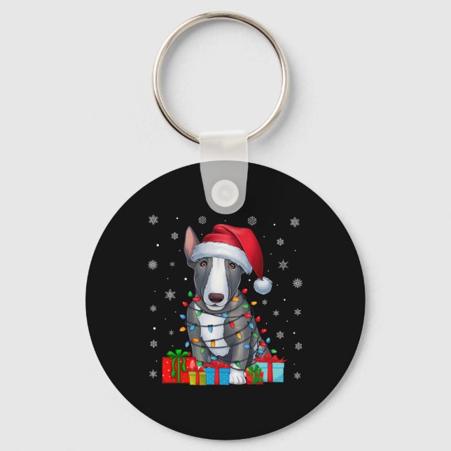 Dog Ugly Xmas Lights Santa Hat Bull Terrier Dog Ch Keychain (Front)
