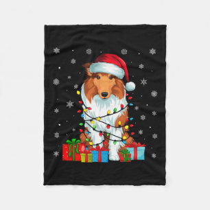 Dog Ugly Xmas Lights Santa Hat Rough Collie Dog Ch Fleece Blanket