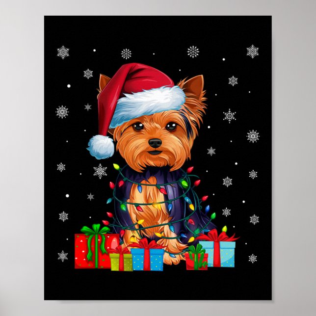 Dog Ugly Xmas Lights Santa Hat Yorkshire Terrier C Poster (Front)