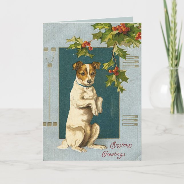 Dog under a holly branch -vintage christmas card (Front)