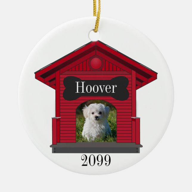 Dog Upload Photo Dog House w Bone Christmas Ceramic Ornament (Front)