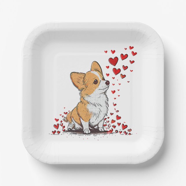 Dog Valentine Cute Corgi Valentine s Day Paper Plates (Front)