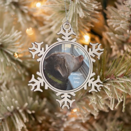 Dog Waiting For Santa Snowflake Pewter Christmas Ornament
