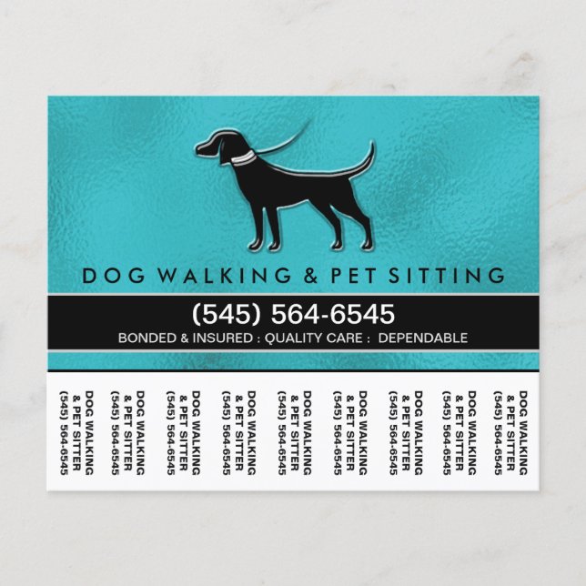 Dog Walker 5.6 x4.5 Tear Off Flyer Teal Blue Black (Front)