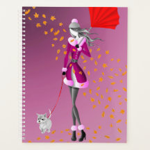 Dog Walker Autumn Leaves Pink