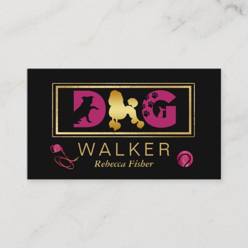 Dog Walker Business Card Pink Black  Gold