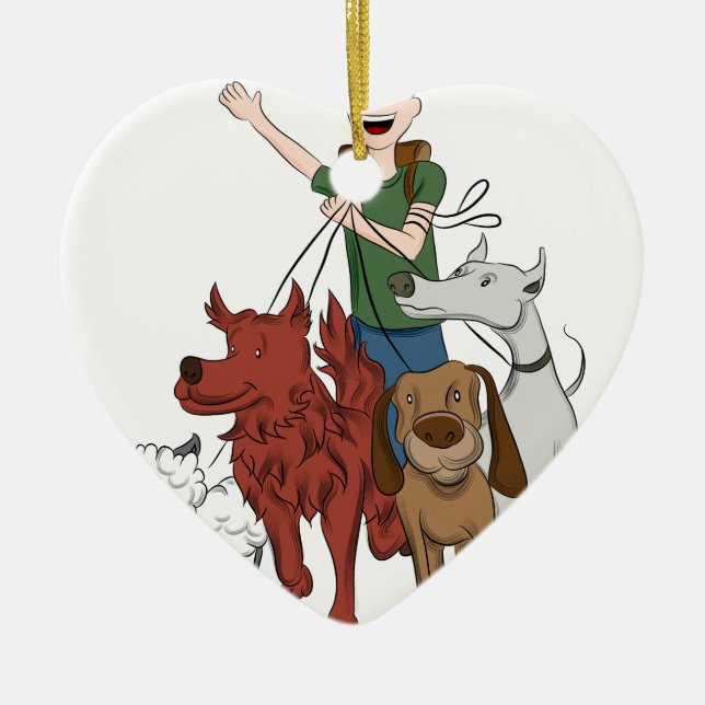 Dog Walker Cartoon Ceramic Ornament (Front)