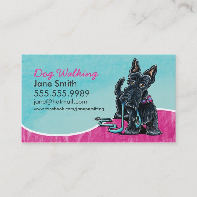 Dog Walker Cute Scottie Sky Blue Business Card (Front)