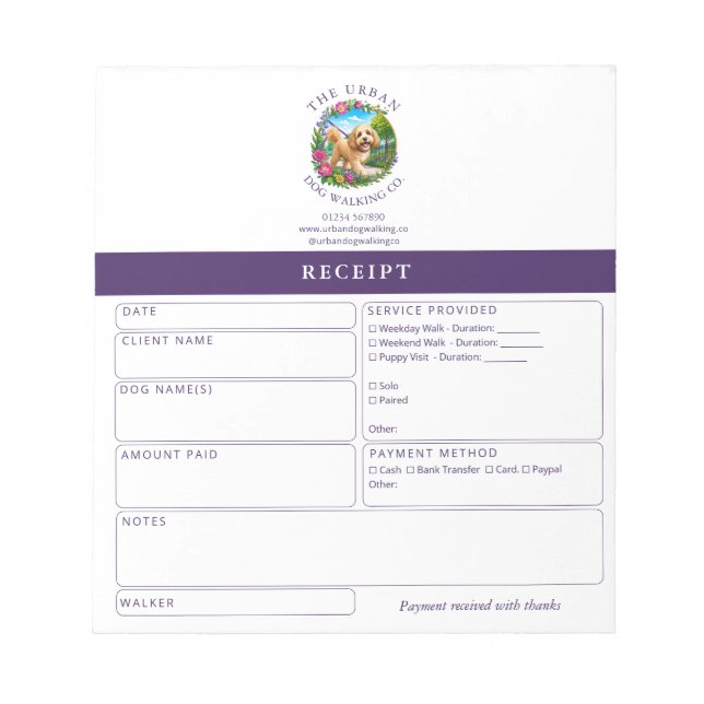 Dog Walker Day Care Receipt Invoice Cockapoo Notepad (Front)