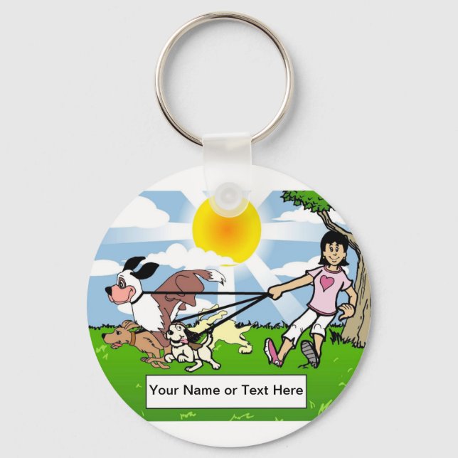 Dog Walker, Dog Lover - Female Cartoon Keychain (Front)