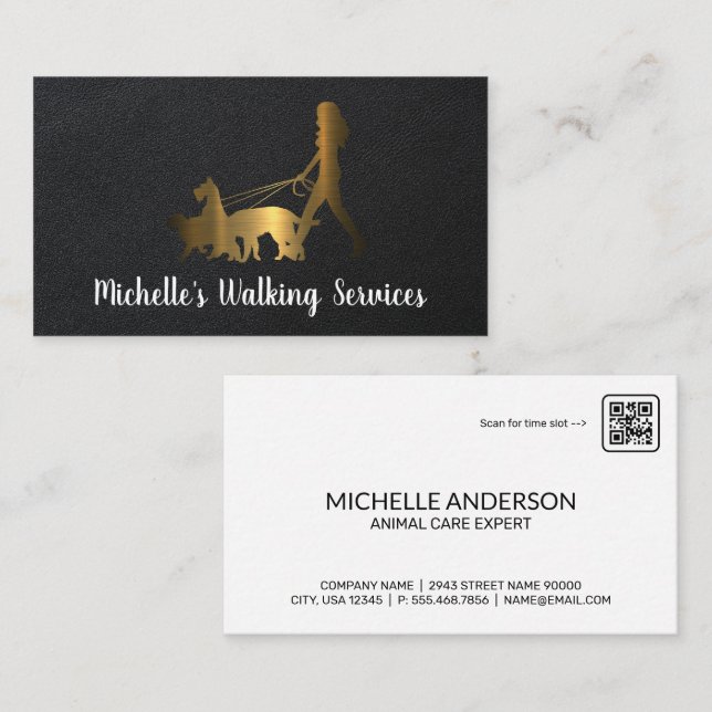 Dog Walker Logo | Gold Metallic | Leather Business Card (Front/Back)