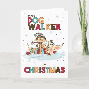Dog Walker on Christmas Wiener Dog and Cat Holiday Card