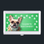 Dog Walker Paw Prints Business Card Case<br><div class="desc">This business card holder,  personalized with your name,  features a cute French Bulldog on bright green with a white paw print border. Fun as a gift or a great way to carry your own business cards.</div>