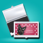 Dog Walker Paw Prints Business Card Case<br><div class="desc">This business card holder,  personalized with your name,  features a cute black miniature schnauzer on hot pink with a white paw print border. Fun as a gift or a great way to carry your own business cards.</div>