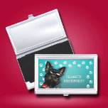 Dog Walker Paw Prints Business Card Case<br><div class="desc">This business card holder,  personalized with your name,  features a cute black miniature schnauzer on bright turquoise with a white paw print border. Fun as a gift or a great way to carry your own business cards.</div>