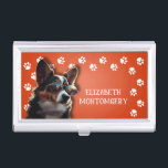 Dog Walker Paw Prints Business Card Case<br><div class="desc">This business card holder,  personalized with your name,  features a cute terrier puppy on bright orange with a white paw print border. Fun as a gift or a great way to carry your own business cards.</div>