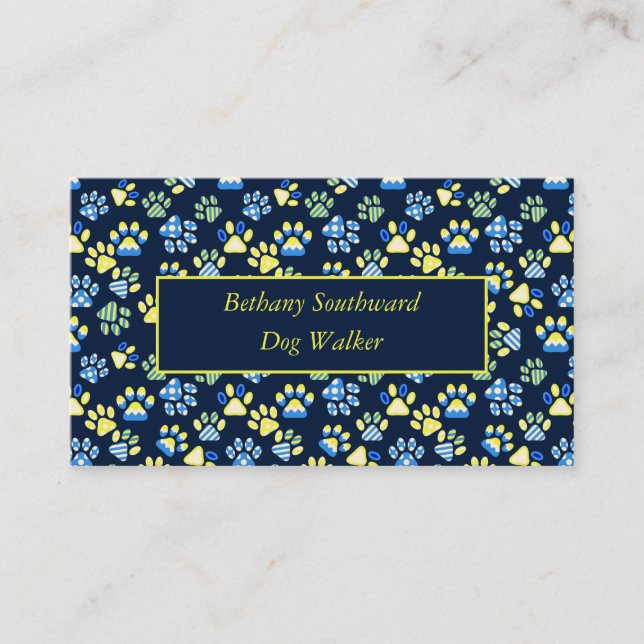 Dog Walker Paws Navy Yellow Business Card (Front)