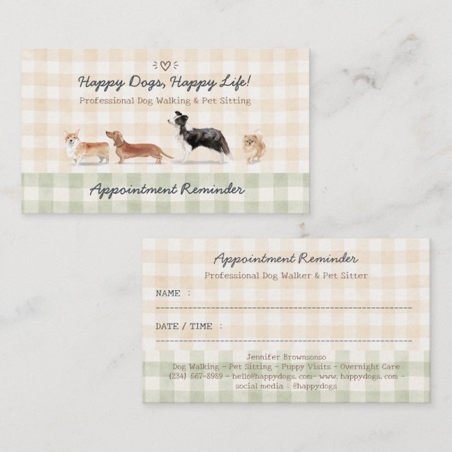 Dog Walker Pet Gingham Appointment Reminder Business Card