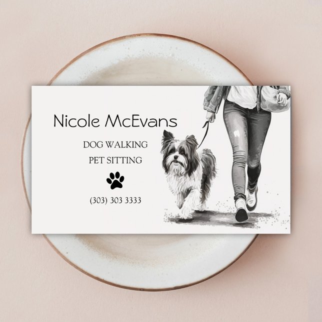 Dog Walker Pet Sitter Black And White Business Card (Dog Walker Watercolor Pet Sitter Business Card)