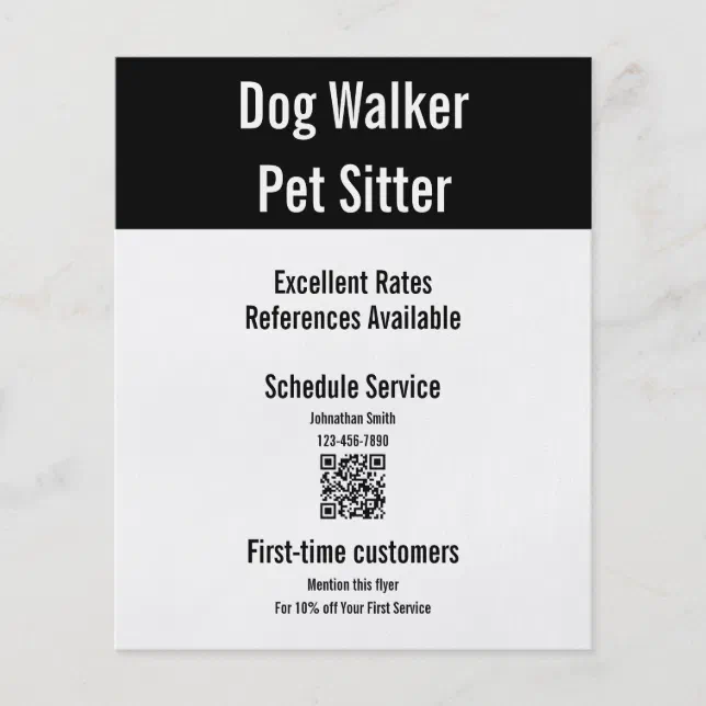 Dog Walker Pet Sitter Black White QR Code Template Flyer Zazzle