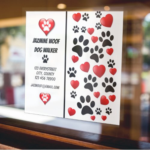 Dog Walker Pet Sitter Fun Paw and Hearts Window Cling