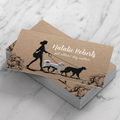 Dog Walker Pet Sitter Girl & Dogs Rustic Kraft Business Card