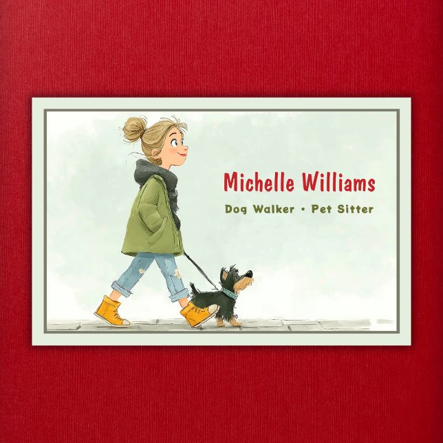 Dog Walker | Pet Sitter | Girl Walking Dog Business Card (Front - Dog Walker - Pet Sitter - Girl Walking Dog Business Card)