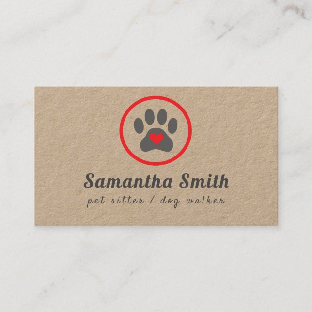 Dog Walker Pet Sitter Paw Heart Kraft Business Card (Front)