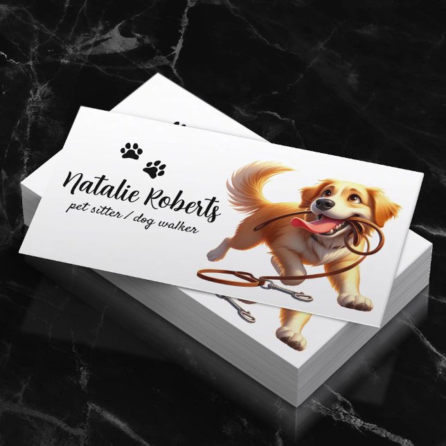 Dog Walker Pet Sitting Happy Dog Biting Its Leash Business Card (Creator Uploaded)